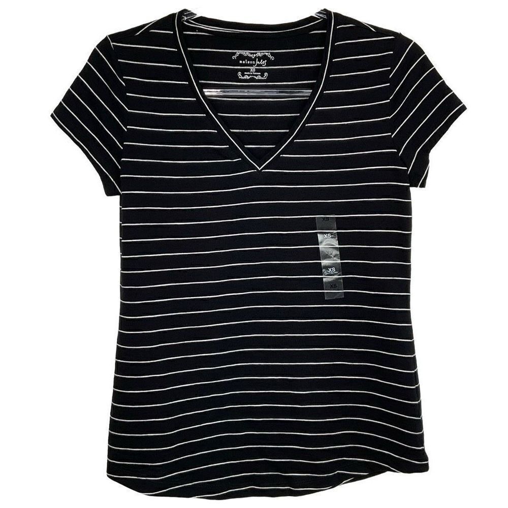 Maison Jules Black White Stripes Short Sleeve Basic T-Shirt XS New